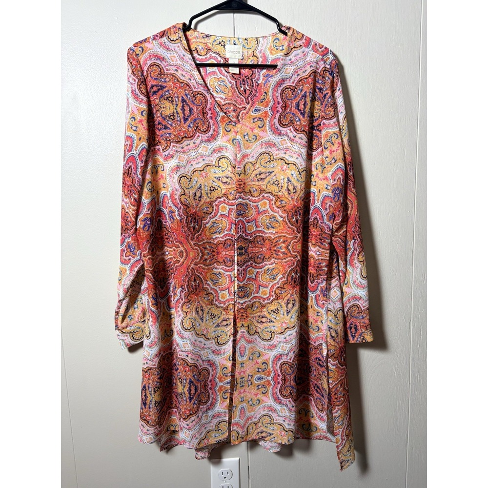 Chico's Size 2 Paisley Tunic Split Top Boho Resort Lagenlook Paisley Coastal